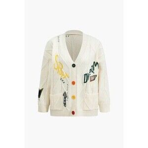 Ebossy Collection Womens Cardigan Sweater XL White Latter Embroidery Cable Knit